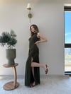 Helter Yaka Bel Drape Yırtmaçlı Elbise Haki 2291