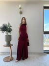 Helter Yaka Bel Drape Yırtmaçlı Elbise Bordo 2291