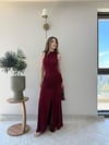 Helter Yaka Bel Drape Yırtmaçlı Elbise Bordo 2291