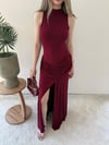 Helter Yaka Bel Drape Yırtmaçlı Elbise Bordo 2291