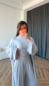 Hırka Crop ve Pantolonlu 3lü Takım Gri 2397