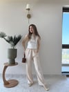 İnce Kemer Detay Bel Lastikli Palazzo Keten Pantolon Krem 2221