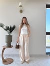 İnce Kemer Detay Bel Lastikli Palazzo Keten Pantolon Krem 2221