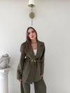 İnce Kemer Detay Blazer Ceket Ve Pantolonlu Kumaş Takım Haki 2067