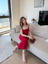 İp Askı Ayarlı Yırtmaçlı İç Astarlı Uzun Kalem Elbise Kırmızı 2257