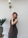 İp Askılı Aksesuar Detay Bel Drape Yırtmaçlı Astarlı Keten Elbise Kahve 2228