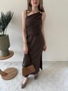 İp Askılı Aksesuar Detay Bel Drape Yırtmaçlı Astarlı Keten Elbise Kahve 2228