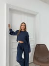 İSPANYOL KOL SALAŞ BLUZ VE PANTOLONLU TERS DİKİŞ İKİLİ TAKIM LACİVERT