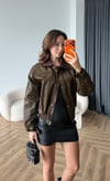 Kadife Yaka Detay Çıtçıtlı Burberry Kumaş Bomber Ceket Taba 2489