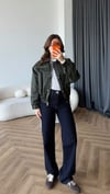 Kadife Yaka Detay Çıtçıtlı Burberry Kumaş Bomber Ceket Yeşil 2489