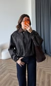 Kadife Yaka Detay Çıtçıtlı Burberry Kumaş Bomber Ceket Kahve 2489