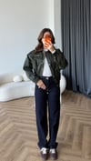 Kadife Yaka Detay Çıtçıtlı Burberry Kumaş Bomber Ceket Yeşil 2489