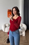 Kare Yaka Asimetrik Detay Dantel Bluz Bordo 2498