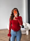 Kare Yaka Asimetrik Detay Dantel Bluz Bordo 2498