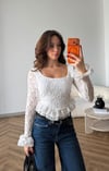 Kare Yaka Asimetrik Detay Dantel Bluz Beyaz 2498