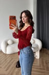 Kare Yaka Asimetrik Detay Dantel Bluz Bordo 2498