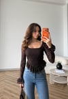 Kare Yaka Asimetrik Detay Dantel Bluz Kahve 2498