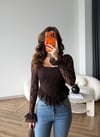 Kare Yaka Asimetrik Detay Dantel Bluz Kahve 2498