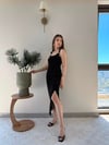 Kare Yaka Askı Aksesuar Detay Yırtmaçlı Modal Elbise Siyah 2333