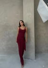 KARE YAKA BEL BAĞLAMA DETAY UZUN KALEM ELBİSE BORDO