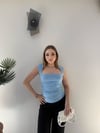 Kare Yaka Bel Drape Detay Bluz Mavi 2372