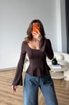 Kare Yaka Bel Drape Detay İspanyol Kol Bluz Kahve 2518