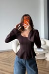 Kare Yaka Bel Drape Detay İspanyol Kol Bluz Kahve 2518