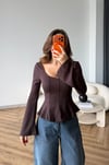Kare Yaka Bel Drape Detay İspanyol Kol Bluz Kahve 2518
