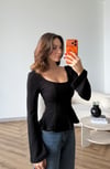 Kare Yaka Bel Drape Detay İspanyol Kol Bluz Siyah 2518