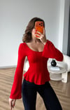 Kare Yaka Bel Drape Detay İspanyol Kol Bluz Kırmızı 2518