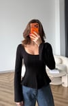 Kare Yaka Bel Drape Detay İspanyol Kol Bluz Siyah 2518