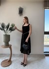 Kare Yaka Bel Kemer Detay Dantel Astarlı Elbise Siyah 2368