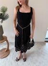 Kare Yaka Bel Kemer Detay Dantel Astarlı Elbise Siyah 2368