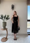 Kare Yaka Bel Kemer Detay Dantel Astarlı Elbise Siyah 2368