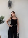 Kare Yaka Bel Kemer Detay Dantel Astarlı Elbise Siyah 2368