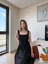 Kare Yaka Dantel Detay Polin Midiboy Elbise Siyah 2299