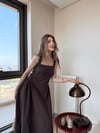Kare Yaka Dantel Detay Polin Midiboy Elbise Kahve 2299