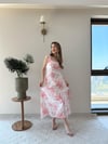 Kare Yaka Desenli İç Astarlı Keten Elbise Pembe 2262