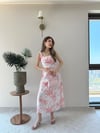 Kare Yaka Desenli İç Astarlı Keten Elbise Pembe 2262