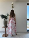 Kare Yaka Desenli İç Astarlı Keten Elbise Pembe 2262