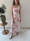 Kare Yaka Desenli İç Astarlı Keten Elbise Pembe 2262