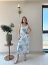 Kare Yaka Desenli İç Astarlı Keten Elbise Mavi 2262