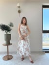 Kare Yaka Desenli İç Astarlı Keten Elbise Vizon 2262