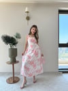 Kare Yaka Desenli İç Astarlı Keten Elbise Pembe 2262