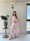 Kare Yaka Desenli İç Astarlı Keten Elbise Pembe 2262
