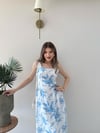 Kare Yaka Desenli İç Astarlı Keten Elbise Mavi 2262