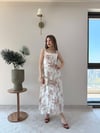 Kare Yaka Desenli İç Astarlı Keten Elbise Vizon 2262
