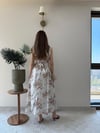 Kare Yaka Desenli İç Astarlı Keten Elbise Vizon 2262