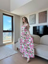 Kare Yaka Desenli Midiboy Elbise Pembe 2289