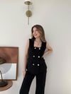 Kare Yaka Düğme Detay İç Astarlı Yelek ve Pantolonlu Double Kumaş İkili Takım Siyah 2147